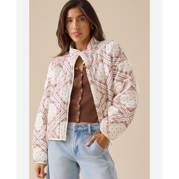 Altar'd State Quinn Quilted Jacket – Ivory/Brown – Size Small – NWT - Picture 1 of 5